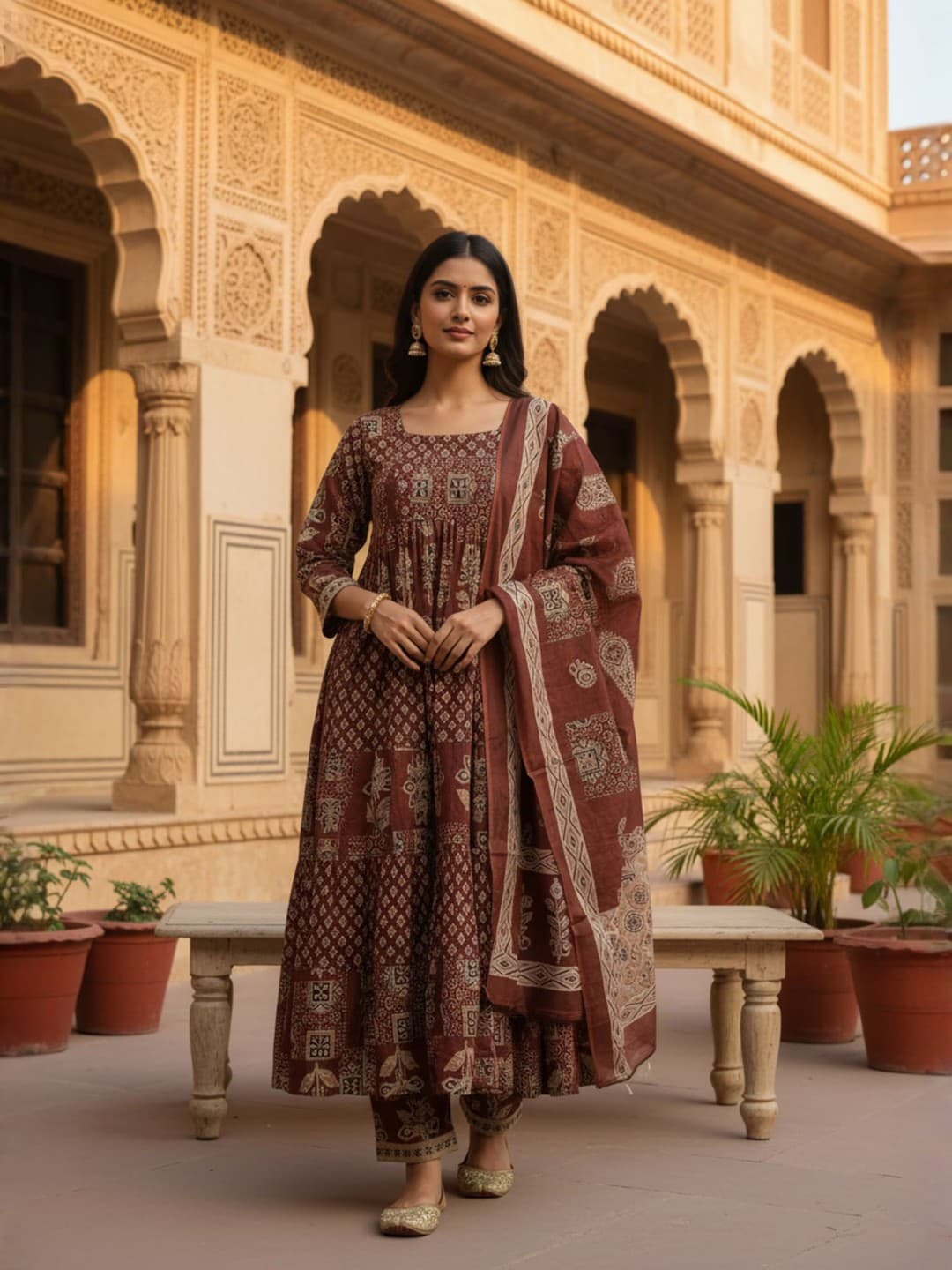 Mehr Maroon Pure Mull Cotton Anarkali Set image 1